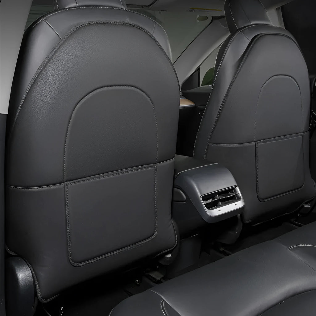Black leather rear anti kick pad for car seats, shown with storage pocket.