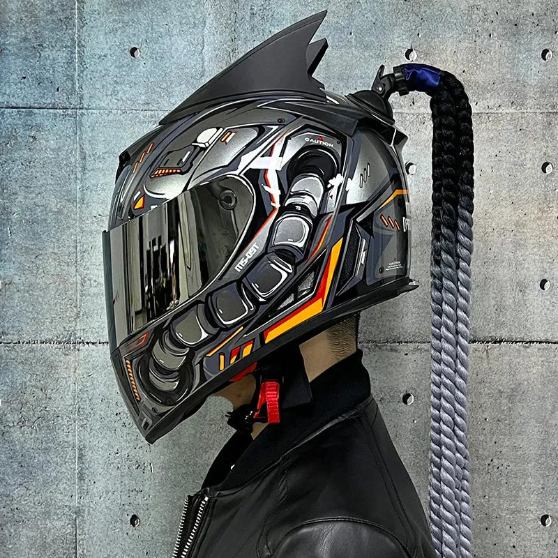 Couples motorcycle helmets with graphic designs in black, blue, and grey colours