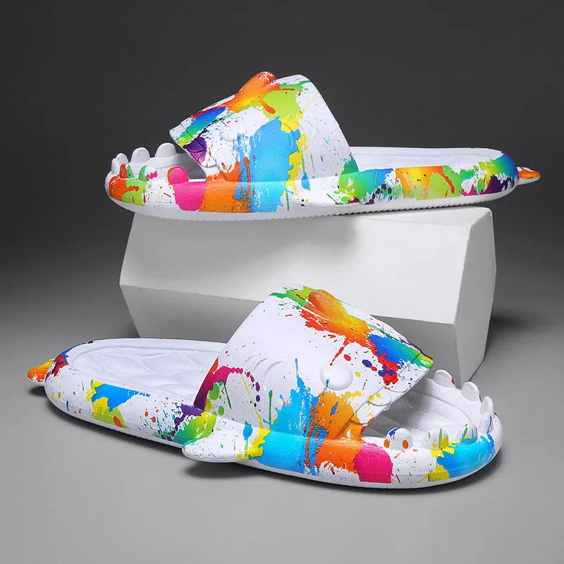 Shark design open-toe EVA slippers for home use in multiple colours and sizes.