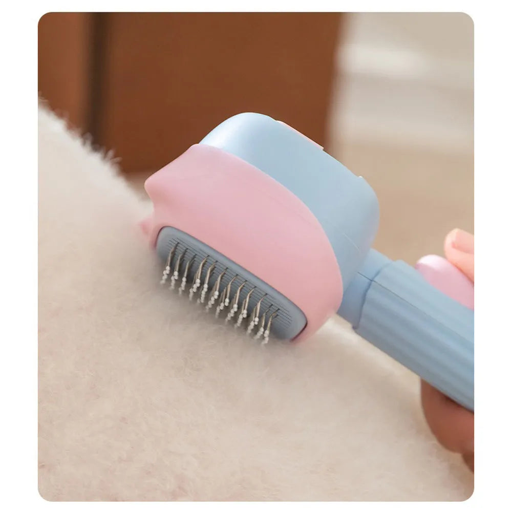 Blue double-sided pet grooming brush showing deshedding rake and dematting comb