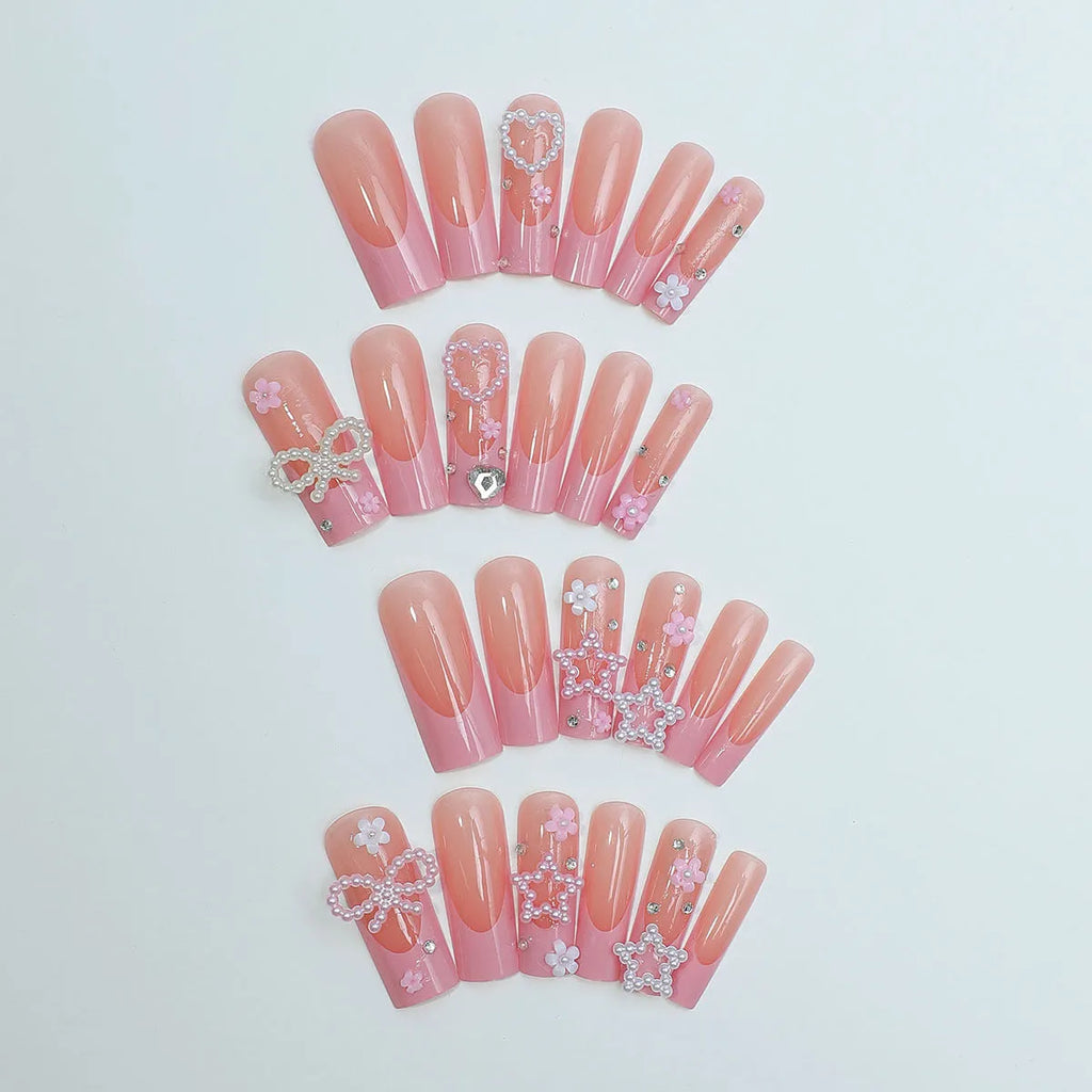 Pink decorative nail with French pattern and bow accent, 0.9cm water pipe design