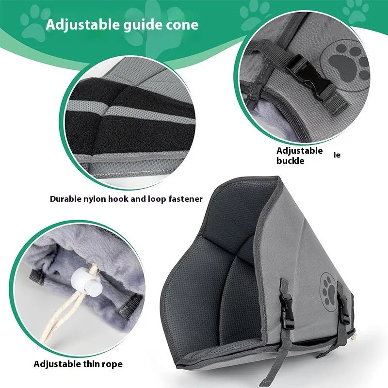 Adjustable polyester pet recovery collar shown in single-layer and double-layer styles for post-surgery care.