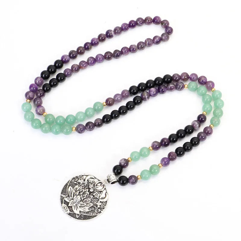 Donglong yoga lotus pendant necklace and bracelet set with stone beads