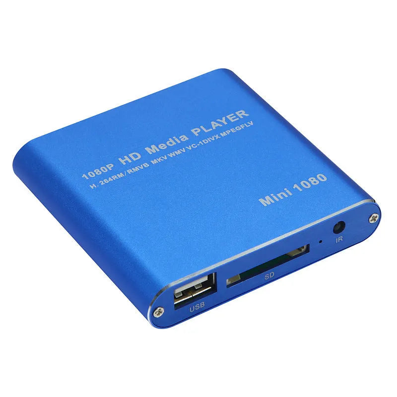 Compact black or blue 1080P Full HD media player with HDMI, SD, and USB ports