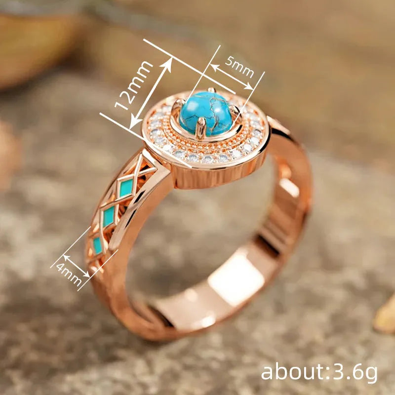Rose gold coloured copper ethnic ring with geometric design and oil micro inlaid zircon detail.