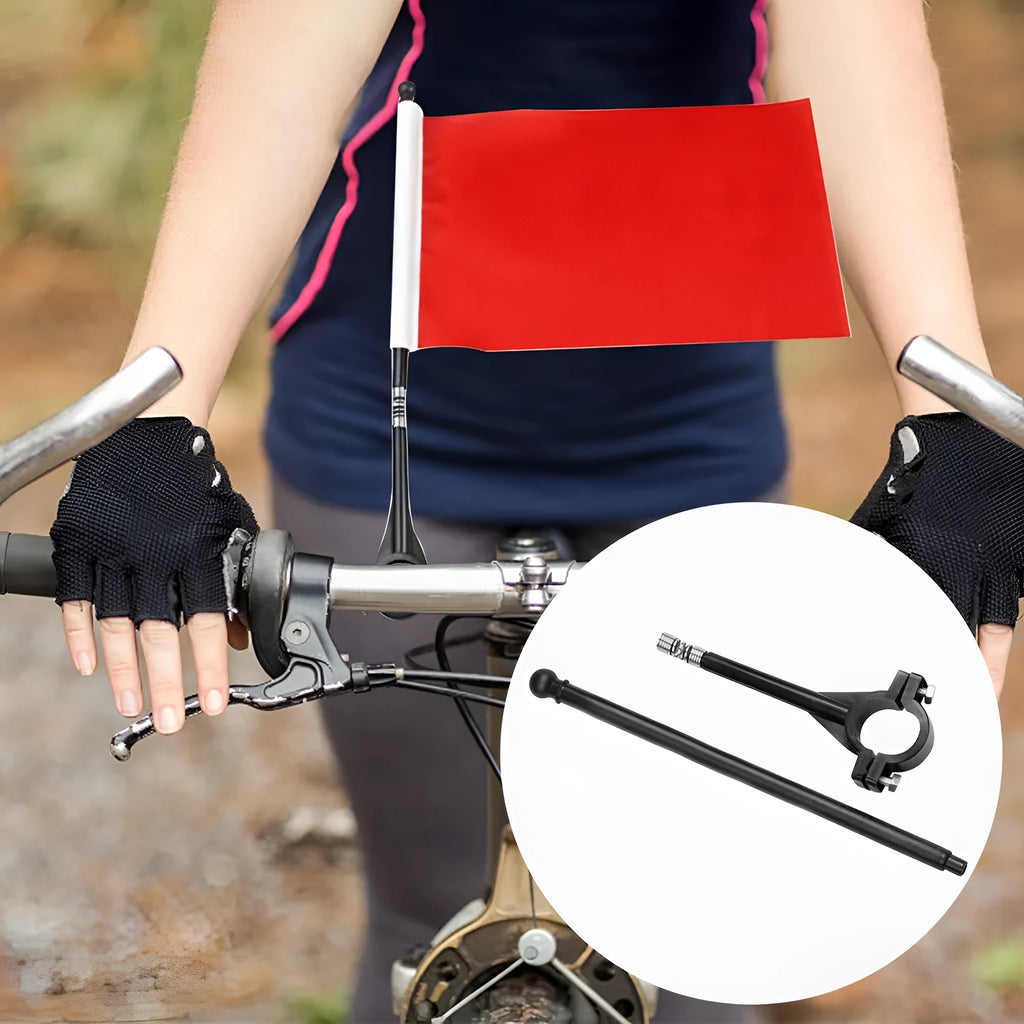 Square polyester cycling flag on a plastic pole mounted on bicycle handlebars.