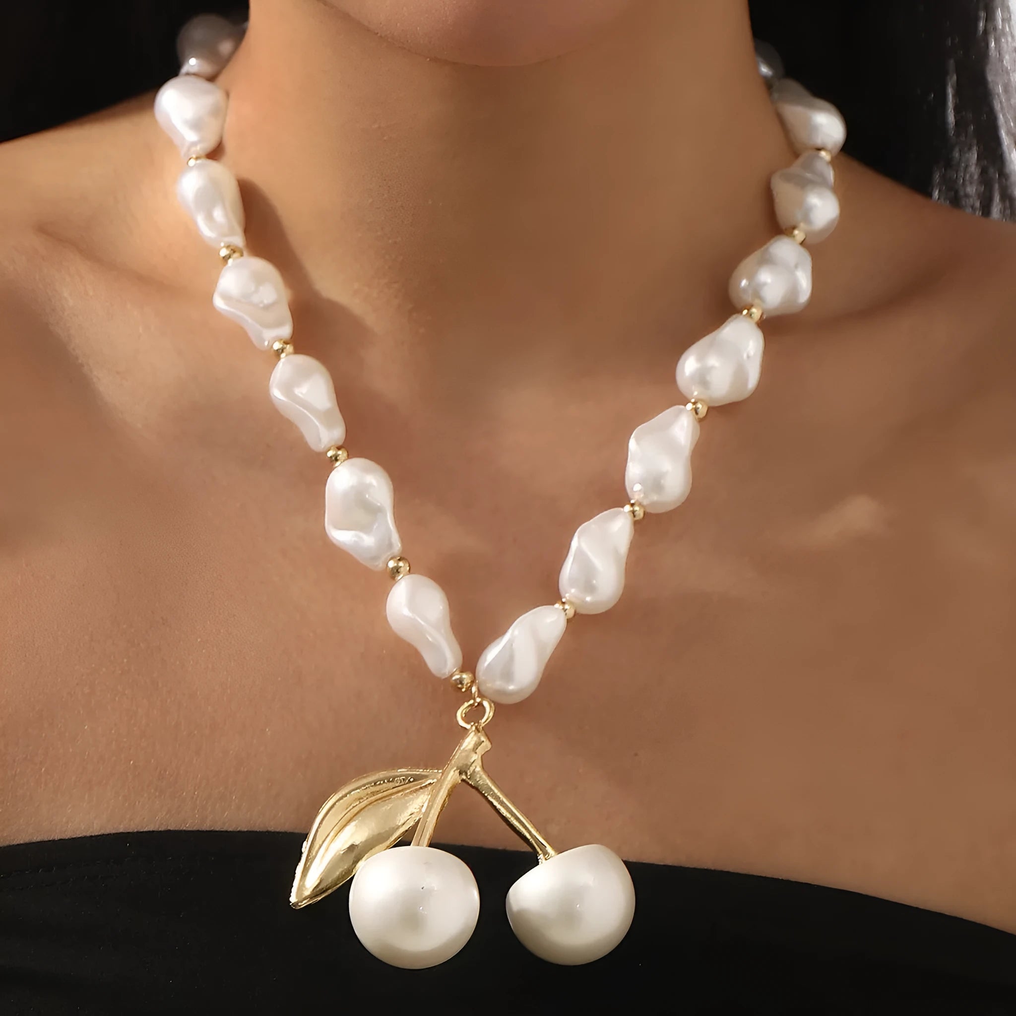 Creative women's necklace with geometric cherry fruit pendant on imitation pearl chain, adjustable 51-60cm length