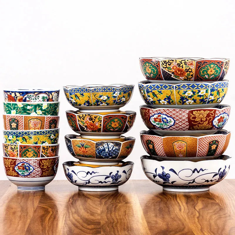 Golden retro style porcelain bowl with hand-painted peony pattern, 4 inches wide.