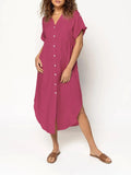 Loose casual mid-length dress with button-front design in solid colours