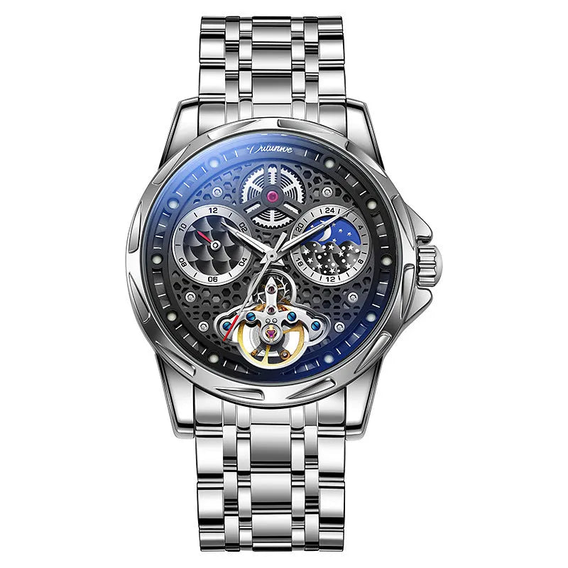 Men's automatic business watch with steel case, available with steel bracelet or leather strap, luminous waterproof features