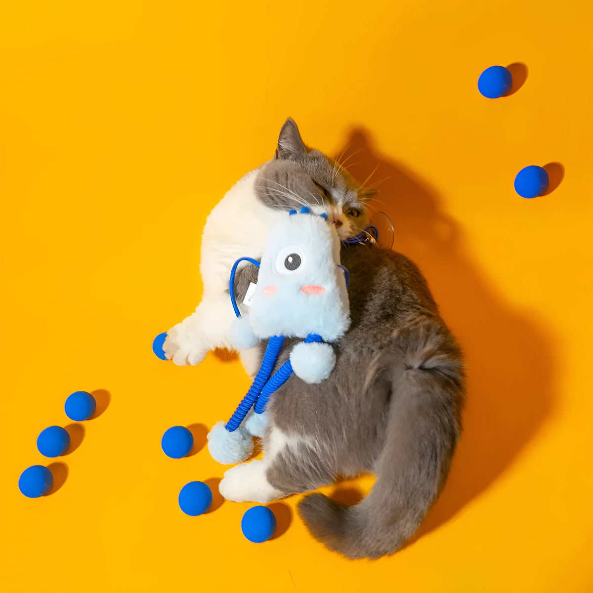 Blue plush elastic rope cat toy with mint bell measuring 30x30cm