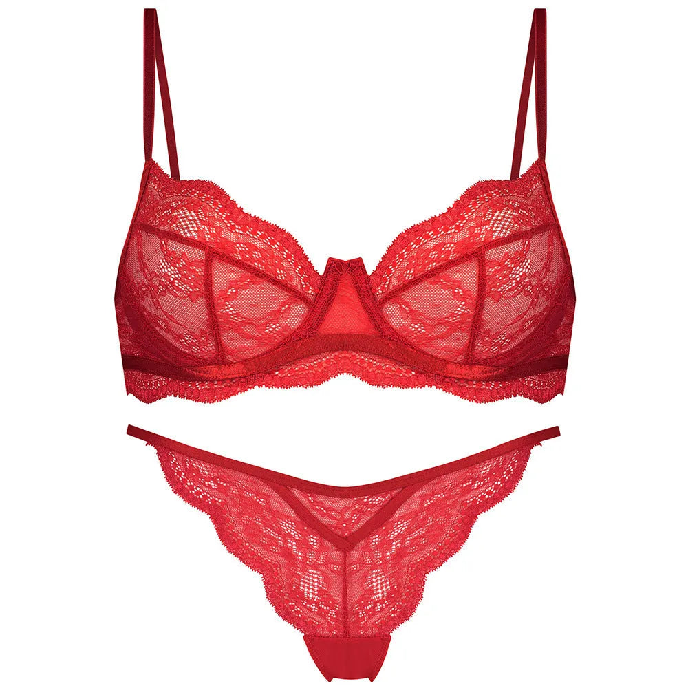 Women's black nylon French bra and knicker set with fixed double shoulder straps.