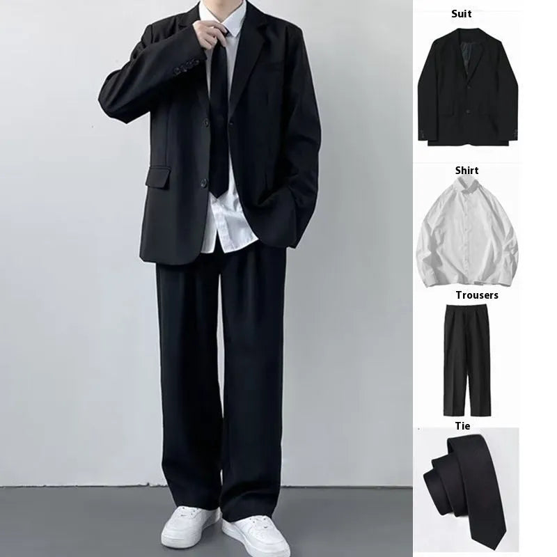 Plus size loose fit men's suit jacket and trousers set with white shirt and tie on a hanger