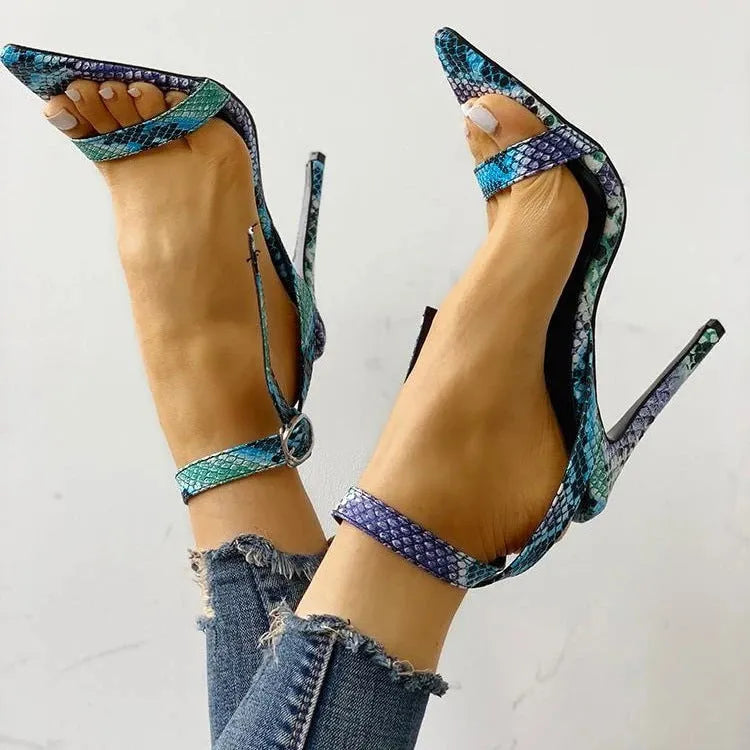 Blue women's large size high heel sandals with hollow-out design and buckle strap, pointed toe.