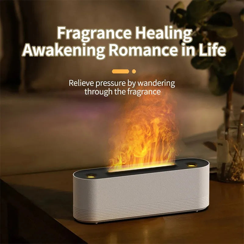 Black and white ultrasonic humidifier with flame LED lights and water mist output