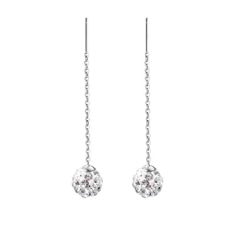 Sterling silver ear thread earrings with a selection of pearl, zircon, clay ball, and geometric star or heart charms.