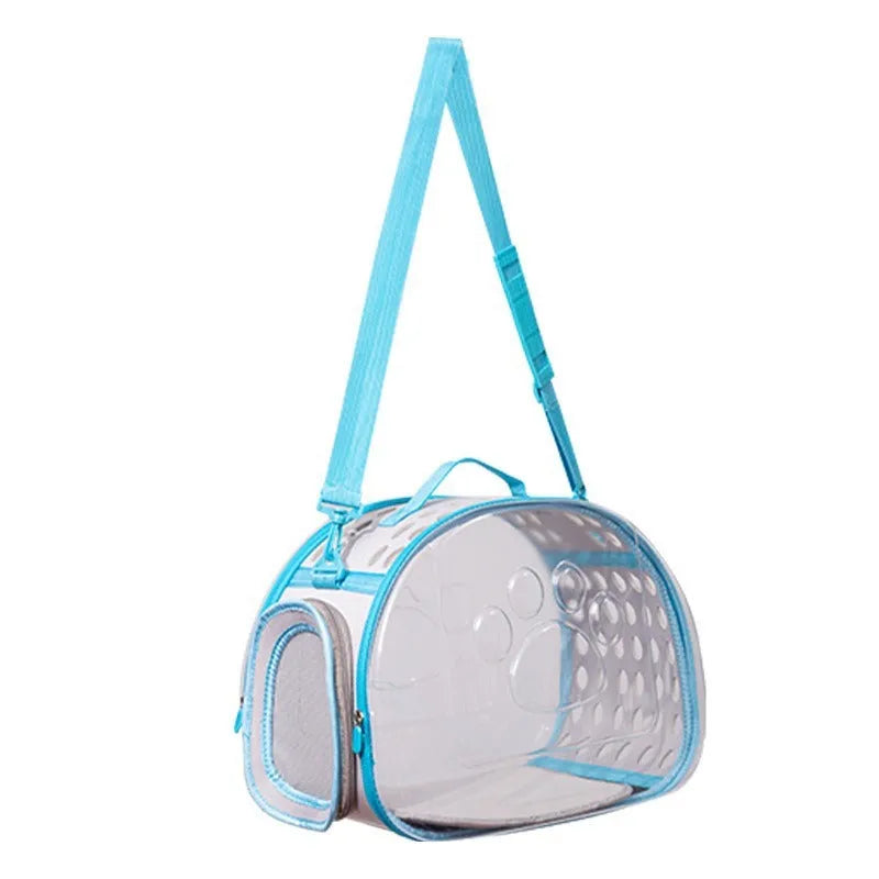 A large transparent hard-shell cat backpack in grass green, shown with dimensions for a pet up to 9kg.