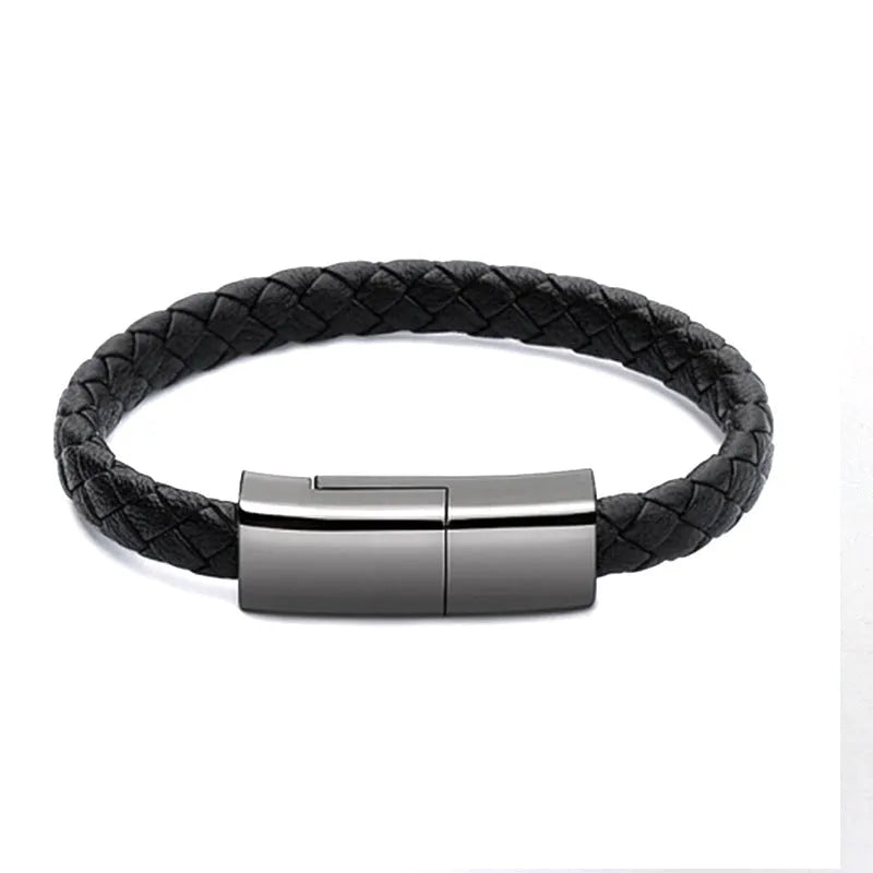 Black braided PU leather bracelet charger USB data cable with zinc alloy joints, 20cm or 22.5cm