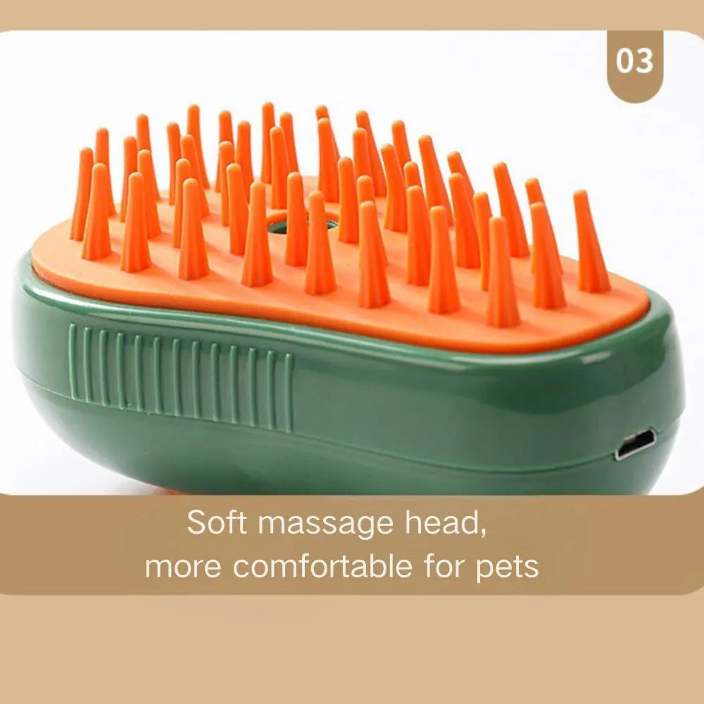 Green and white rechargeable cat steam brush with water spray nozzle and soft silicone teeth.