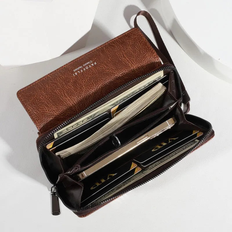 Men's black PU leather long wallet with multiple card slots showing 19 cm length