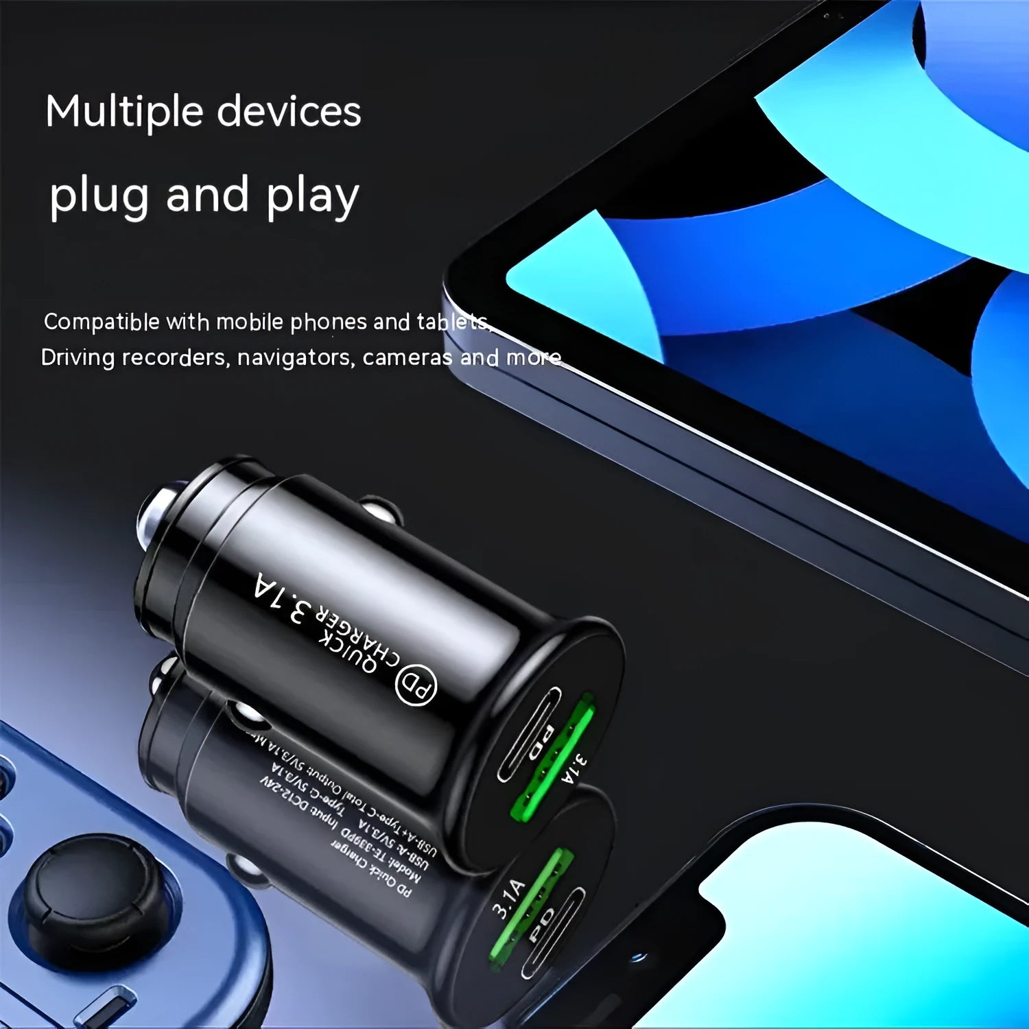 Dual USB car charger for cigarette lighter socket in black metal finish