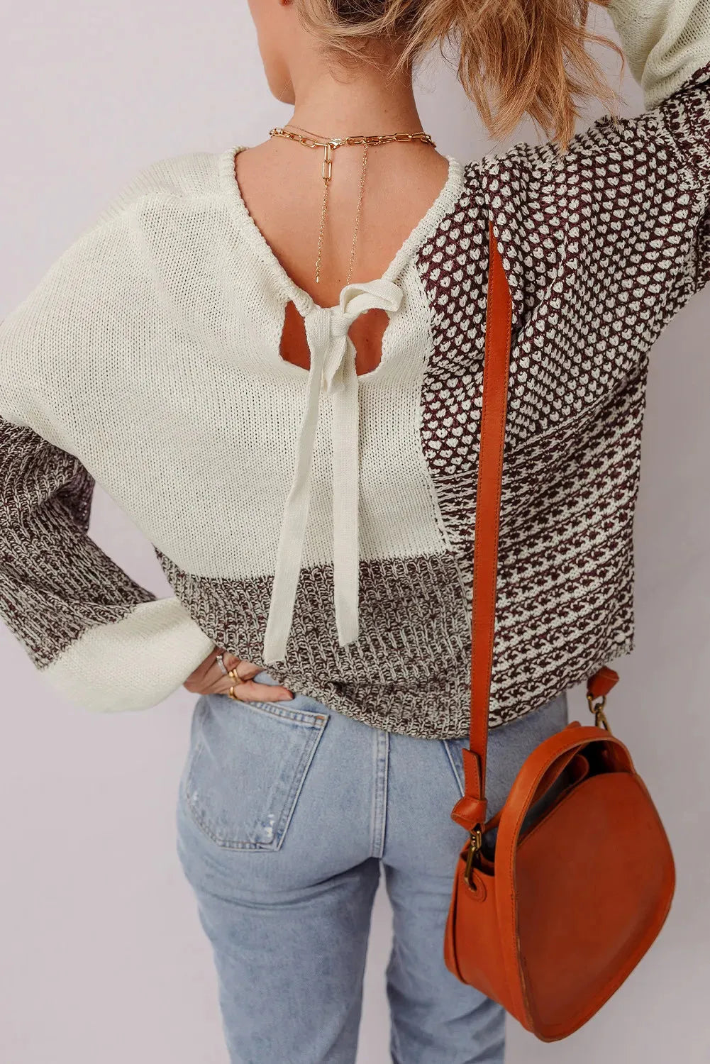 Dark khaki colour block loose sweater with back tie detail and drop shoulder design