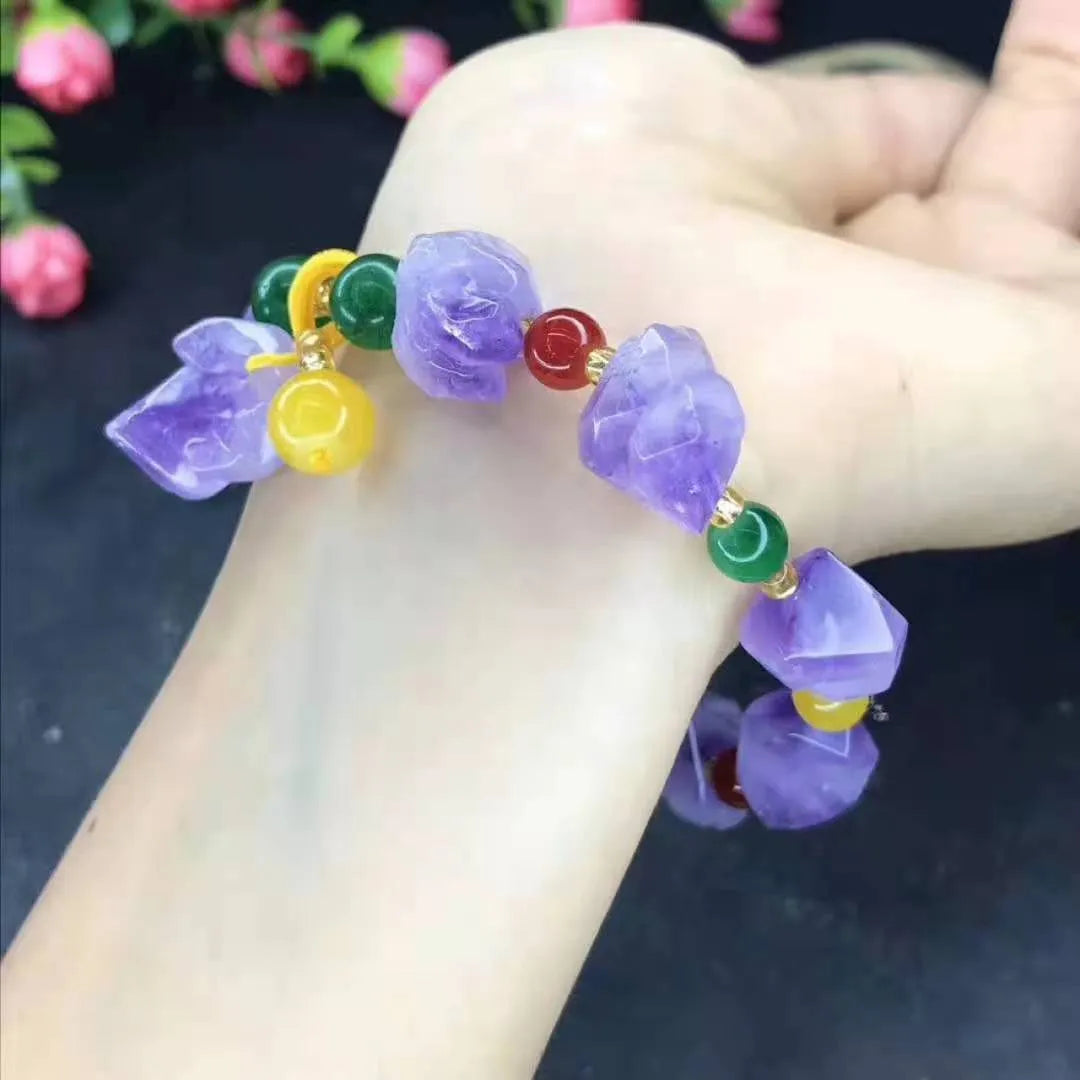 Natural shaped amethyst bead bracelet with fu character charm for women's romantic jewellery