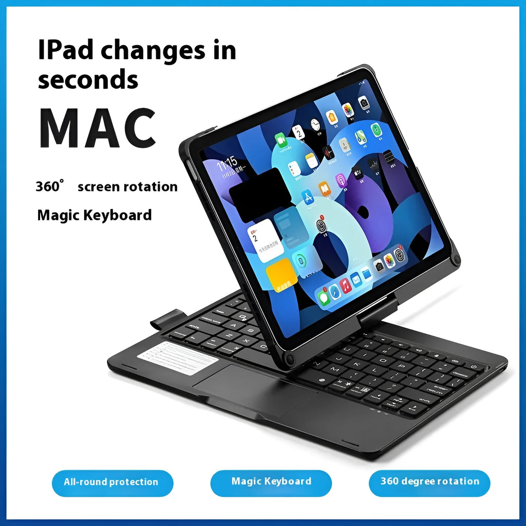 360-degree rotating Bluetooth keyboard for iPad with touch-sensitive trackpad in black, rose gold, or silver