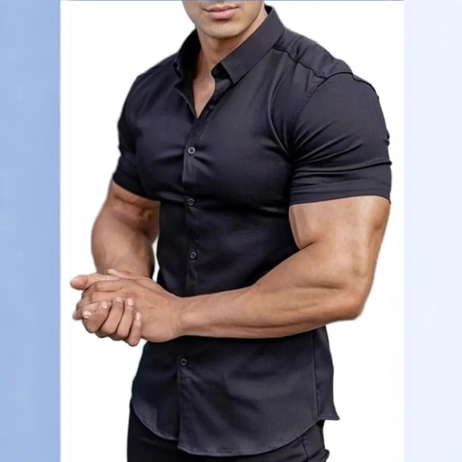 Men's short sleeve printed casual shirt with collar in cardigan style, shown in a dark blue colour.