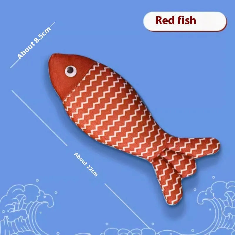Red, yellow, and blue catnip-filled fish toys in large and medium sizes on a white background.