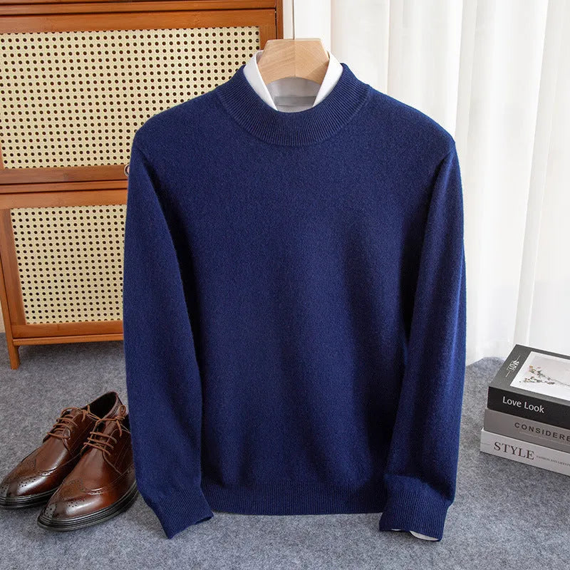 Men's half turtleneck wool sweater in a loose fit, shown in a range of colour options.