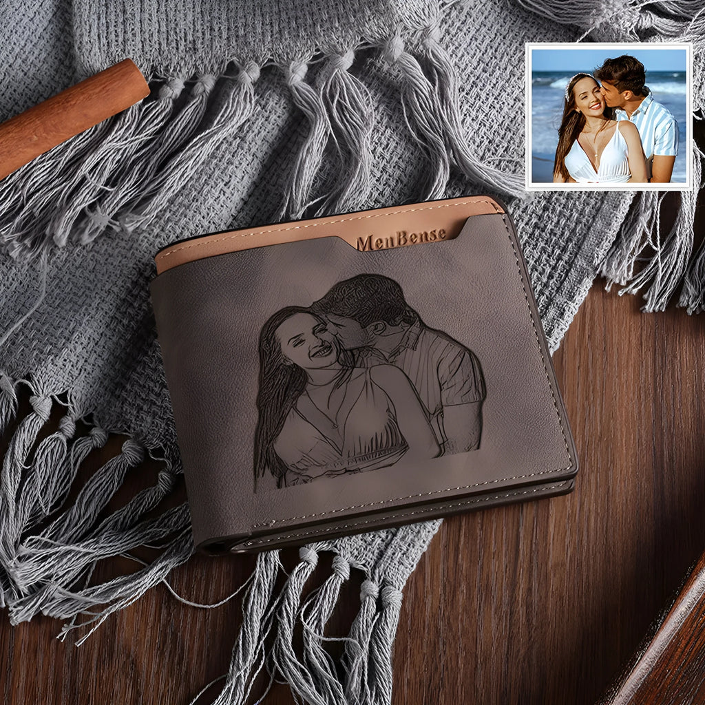 Coffee-coloured engraved horizontal short wallet showing personalised photo engraving and seven card slots
