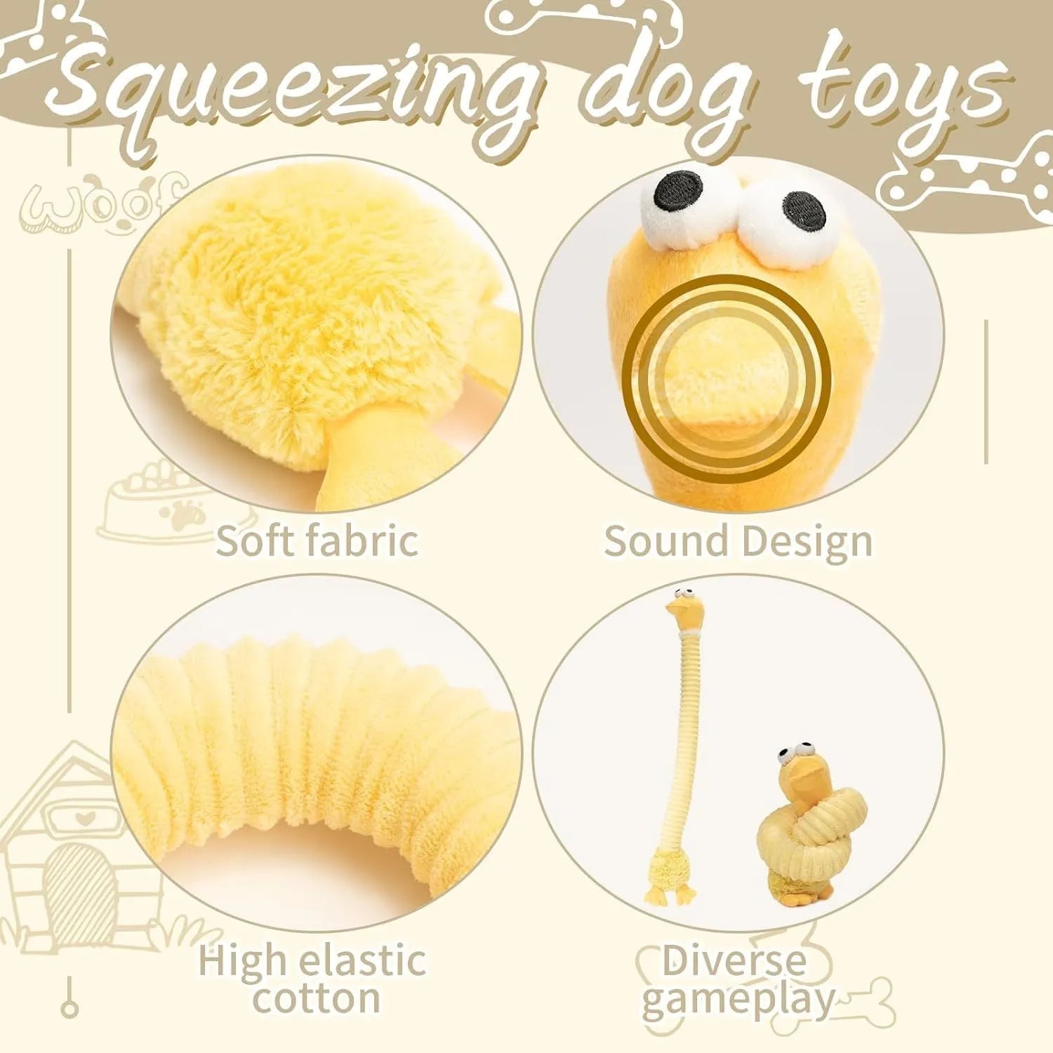 Brown, grey, and yellow plush stuffed dog toys with a foldable design.