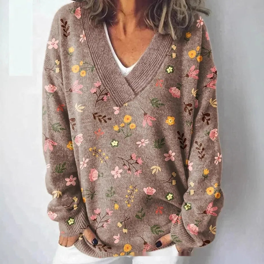 Women's V-neck long sleeve sweatshirt with a detailed 3D floral pattern print in a retro style.