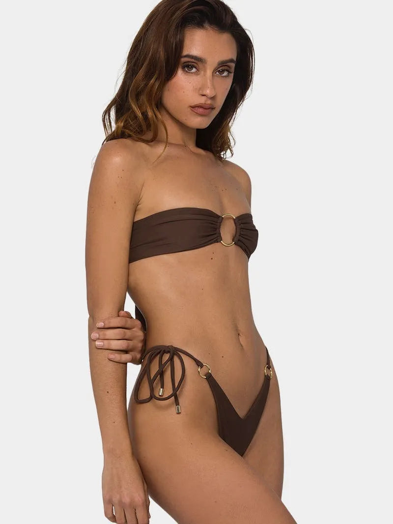 Coffee brown women's tube-top swimsuit with a split-ring tether and push-up design.