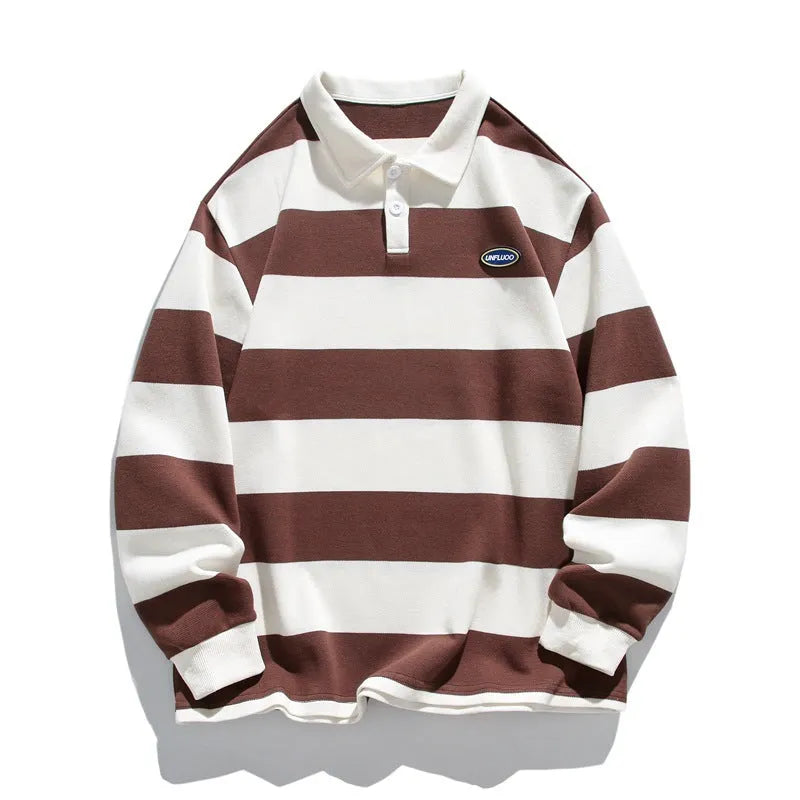 Hong Kong style lapel polo shirt in pearl cotton with stripe detailing and loose fit