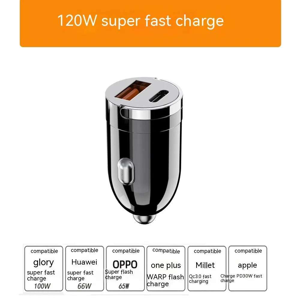 Black 200W super fast car charger with compact zinc alloy design and USB output port