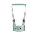 Blue cotton baby walking harness belt with straps, shown being used to support a toddler learning to walk.