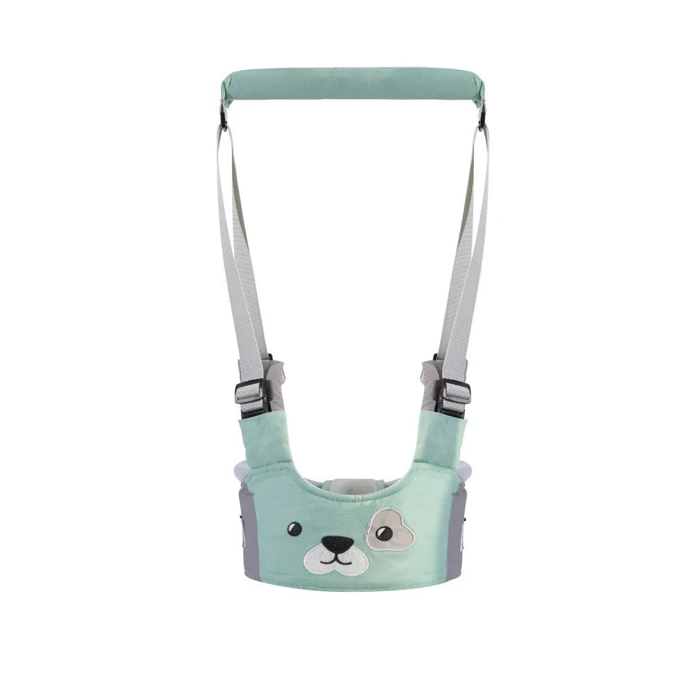 Blue cotton baby walking harness belt with straps, shown being used to support a toddler learning to walk.