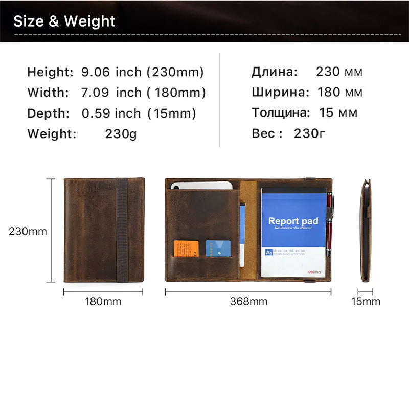 Brown Crazy Horse leather notebook protective sleeve for A5 paper with square socket design