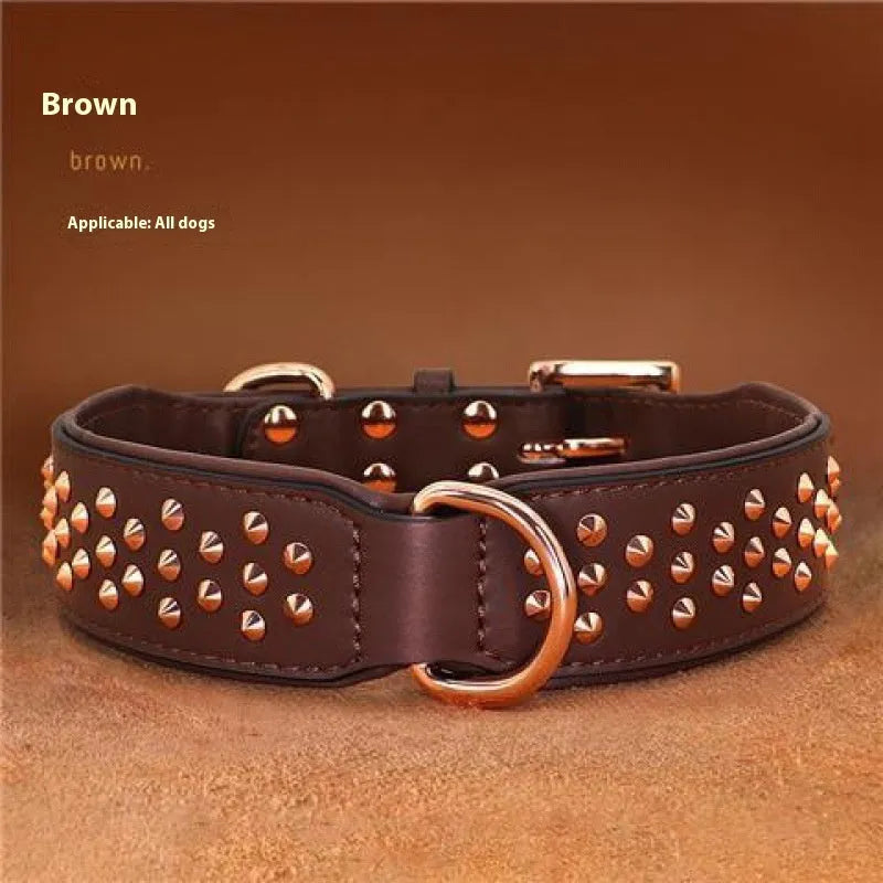 Black leather dog collar with metal anti-bite rivets shown on a size L tag.