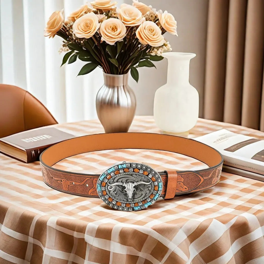 Men's imitation leather belt with a detailed alloy cow head buckle and pin buckle fastener.