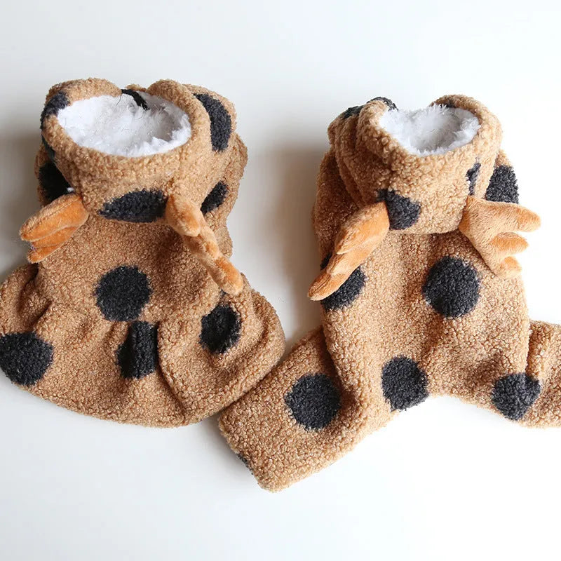 Polka dot pattern pet clothing with elk couple motif in four-legs or skirt style options