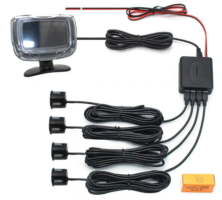 Black wireless reversing sensor system for cars with main unit, four probes, and a digital LED display.