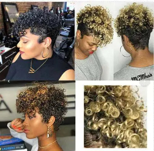 Women's short synthetic wig with simple rolls style in Kanekalon hair, showing exotic design.