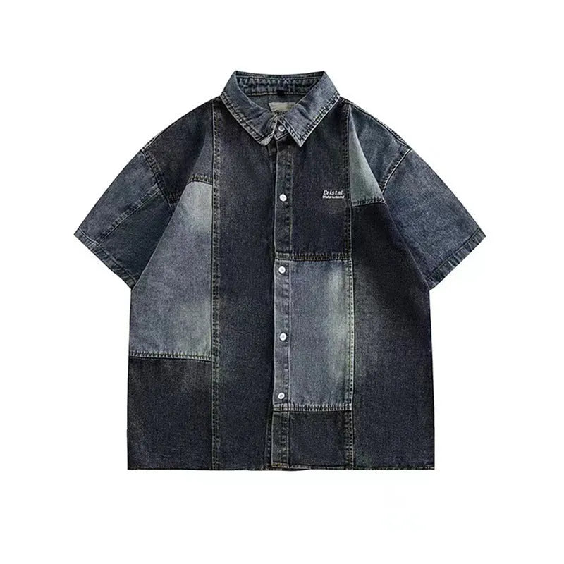 Blue Japanese-style retro denim shirt with washed stitching details, loose cardigan fit