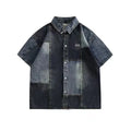 Blue Japanese-style retro denim shirt with washed stitching details, loose cardigan fit