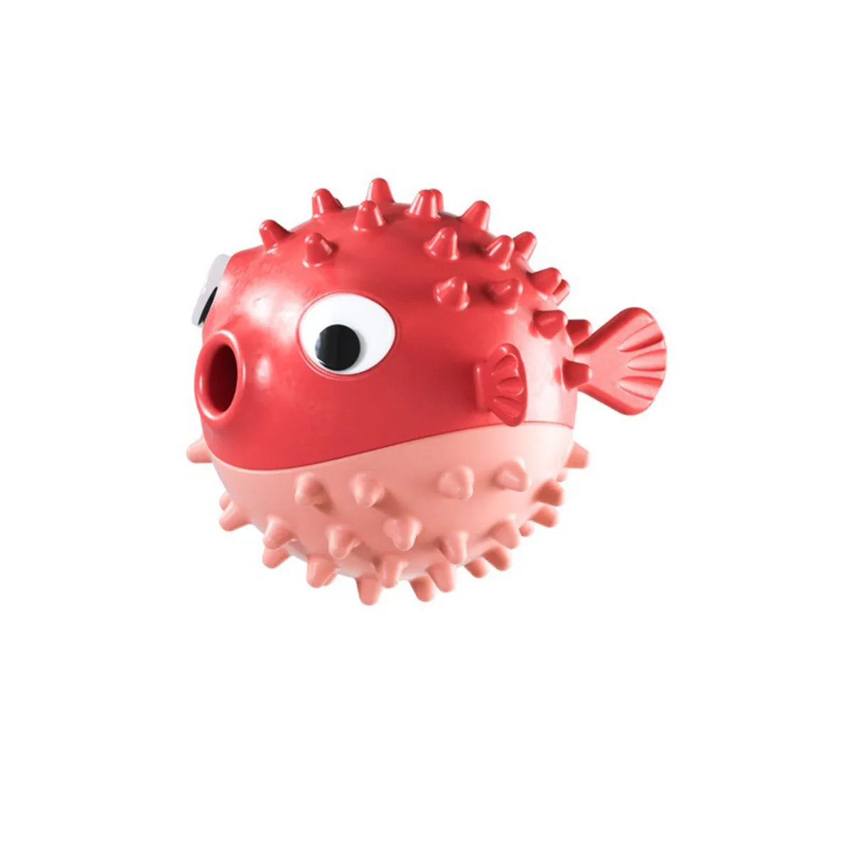 Yellow fish-shaped vinyl dog chew toy with textured surface and squeaker
