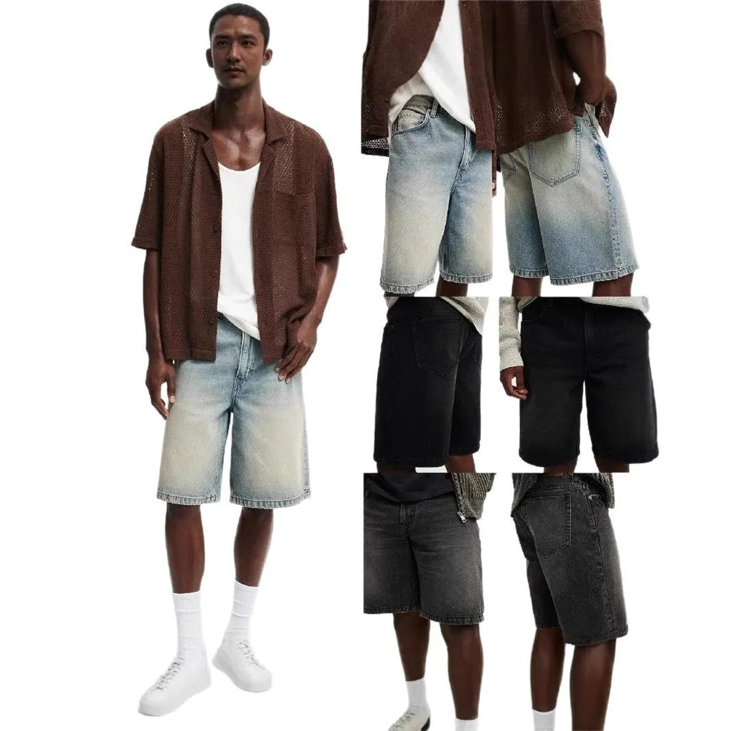 Men's loose straight-leg jeans in light blue cotton denim for summer street style casual wear
