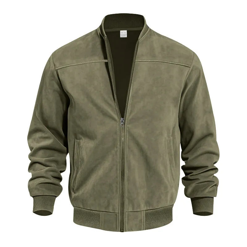 Men's casual plus size suede jacket with zip closure in army green colour